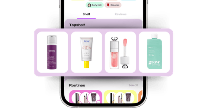 Product shelf screen showing beauty products grid